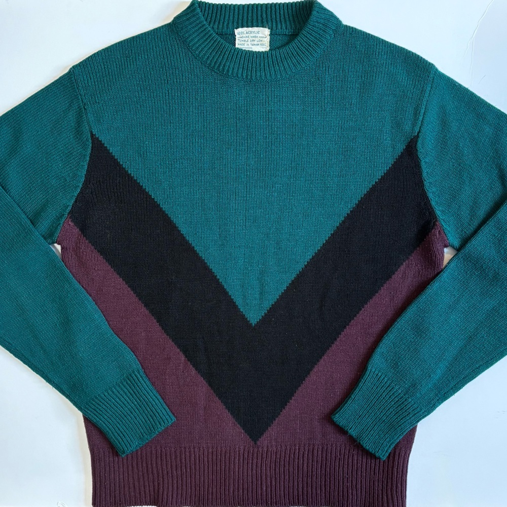 80s vintage Sears teal colorblock crewneck sweater, small